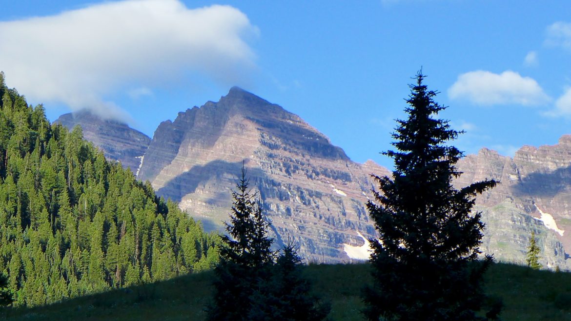 A view of the Maroon Bells from near potential damsite of the Maroon Creek Reservoir.